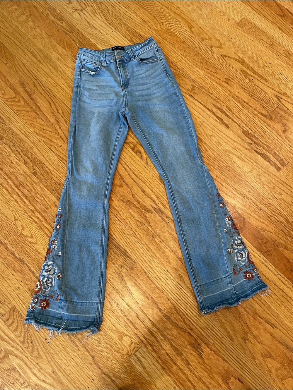 Embroidered Light Blue Flare Jeans - Women's Wide Leg